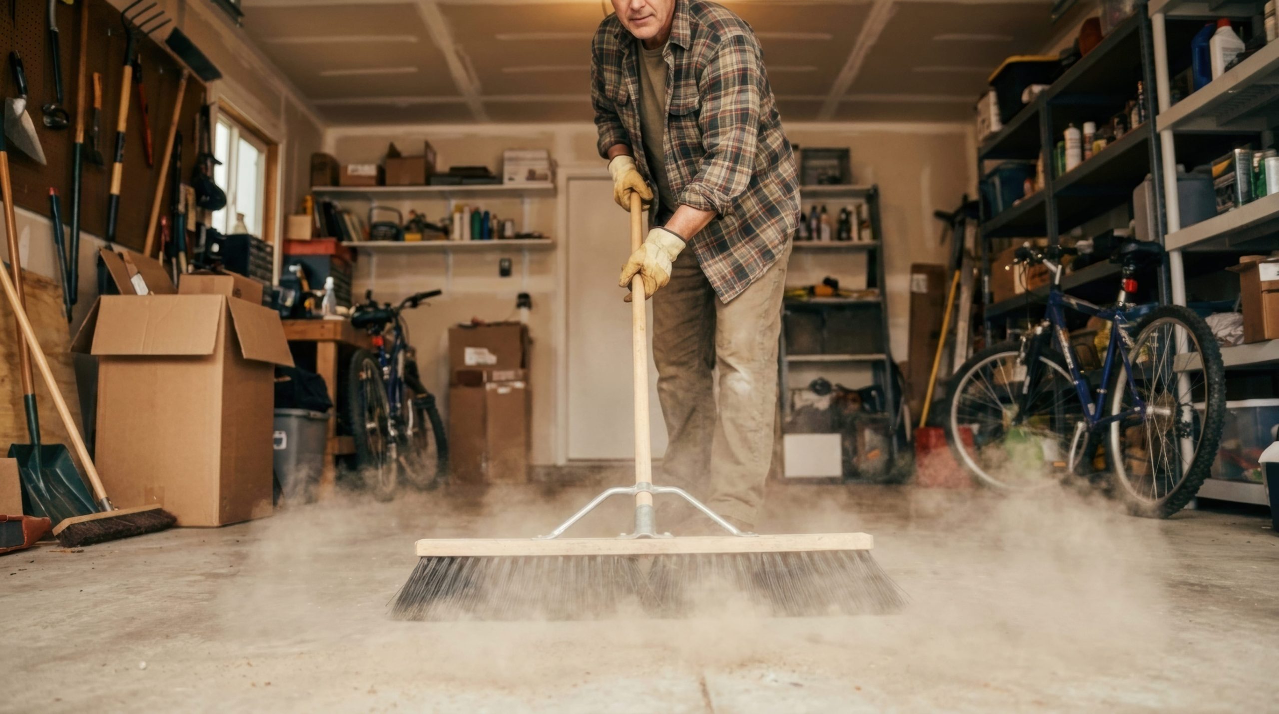A person in a plaid shirt uses a push broom to sweep dust off a garage floor.