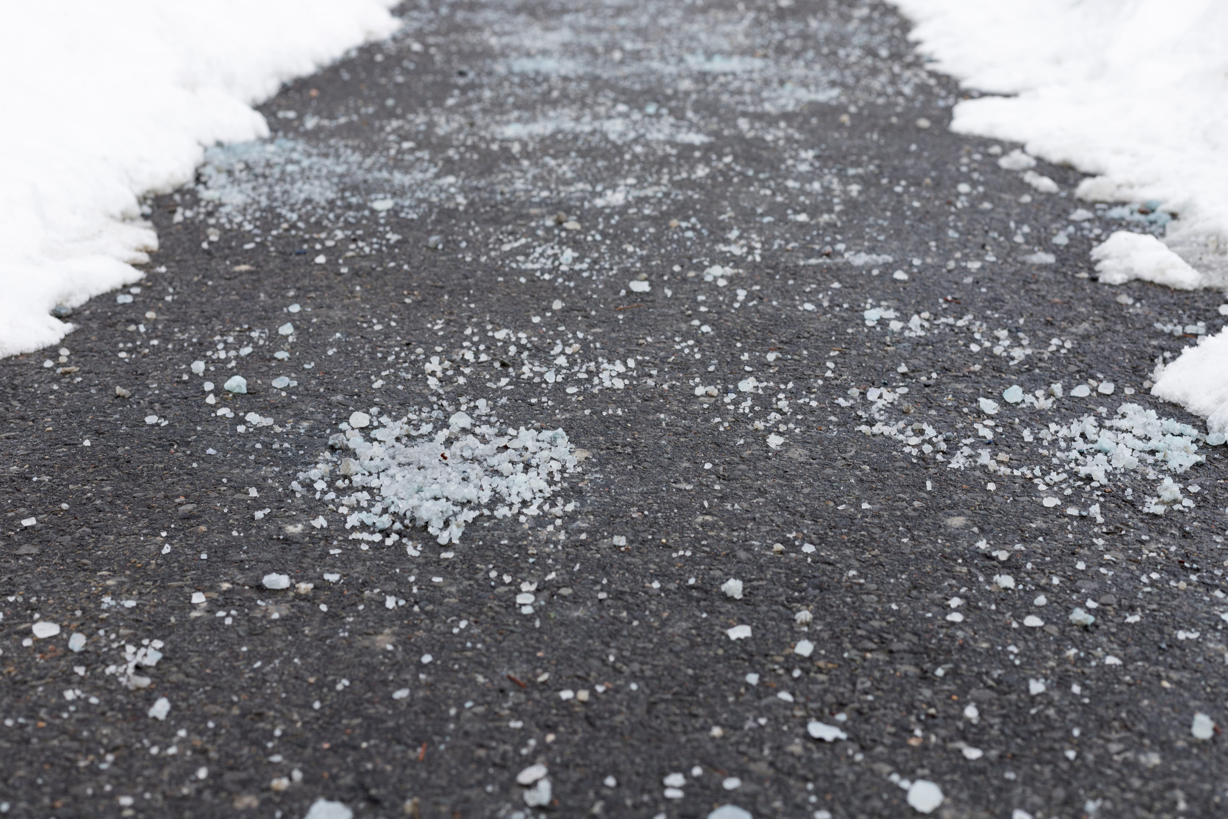 De-icing road salt scattered on an asphalt walkway bordered by snow, requiring winter floor protection.